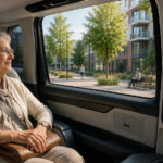 Autonoom vervoer, vrouw in zelfrijdende bus